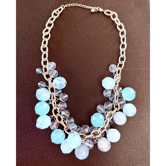 Icy Blue Bauble Statement Necklace Chunky Silver Chain Faceted Beads Y2K Glam - Picture 12 of 13